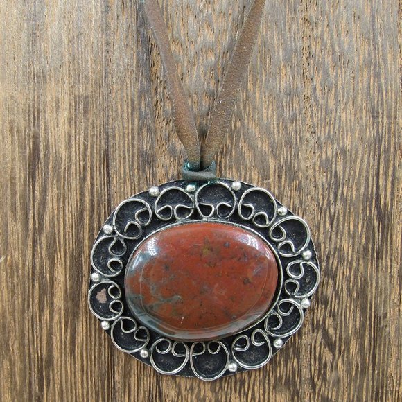 Jewelry - 17" Leather Cord Stone Pendant Necklace Vintage